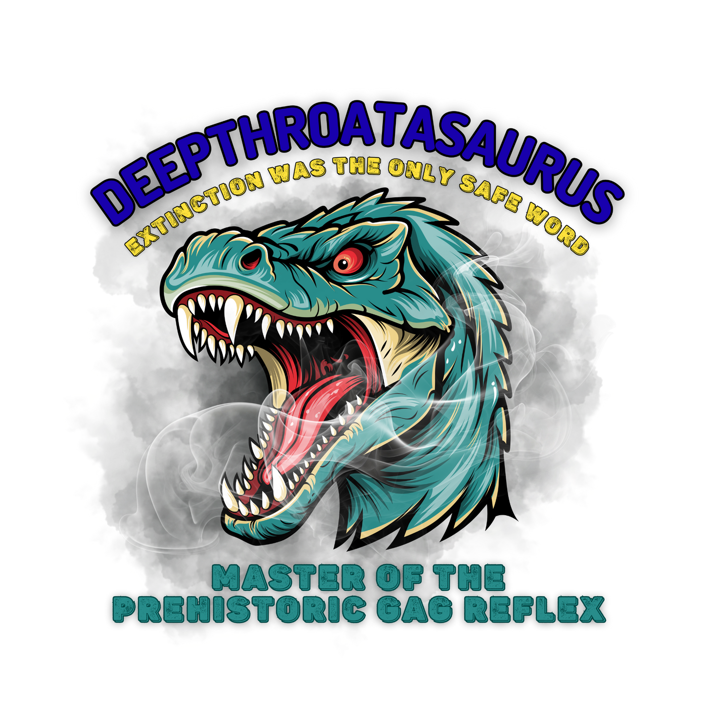 Inappropriate adult dinosaur t-shirt with gag reflex joke