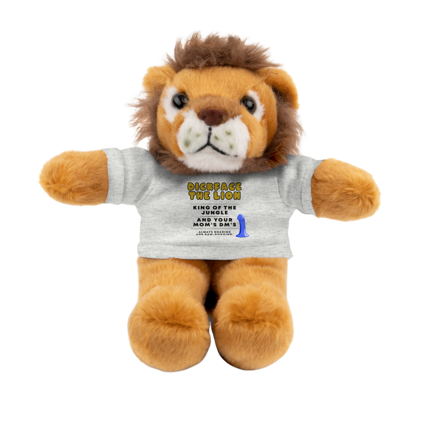 Dickface the Lion plushie with funny adult quote t-shirt in the color Ash