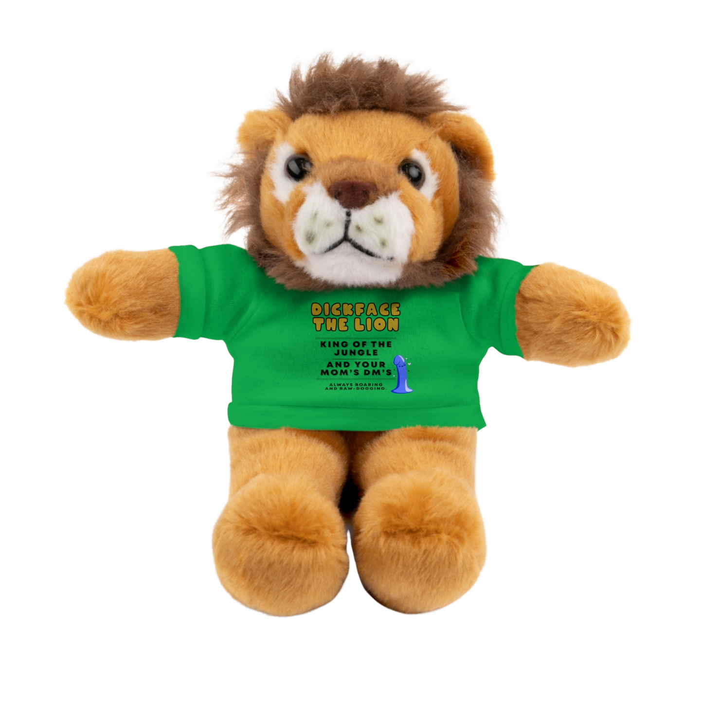 Soft stuffed lion wearing hilarious t-shirt