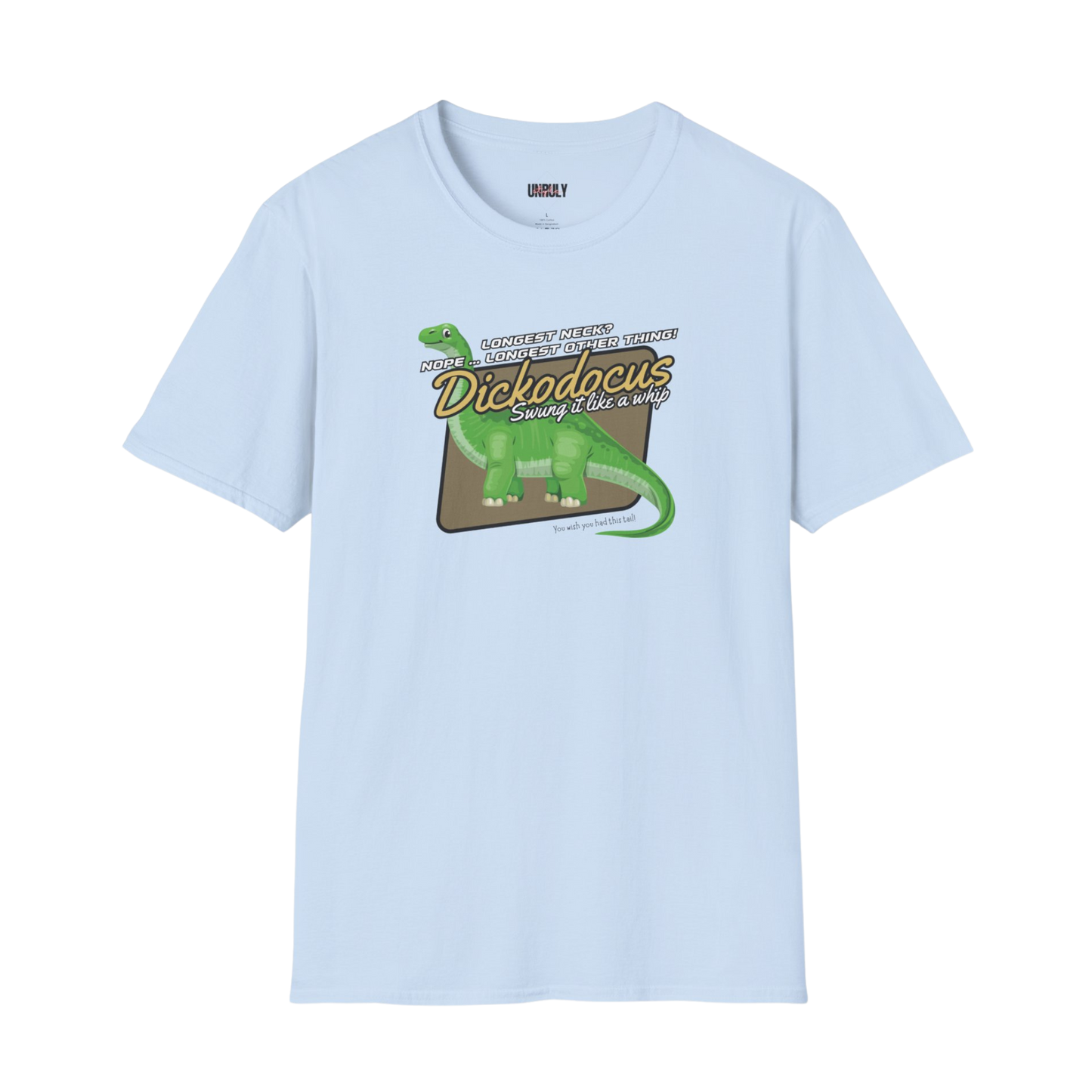 Dickodocus t-shirt in Light Blue funny naughty NSFW dinosaur graphic tee
