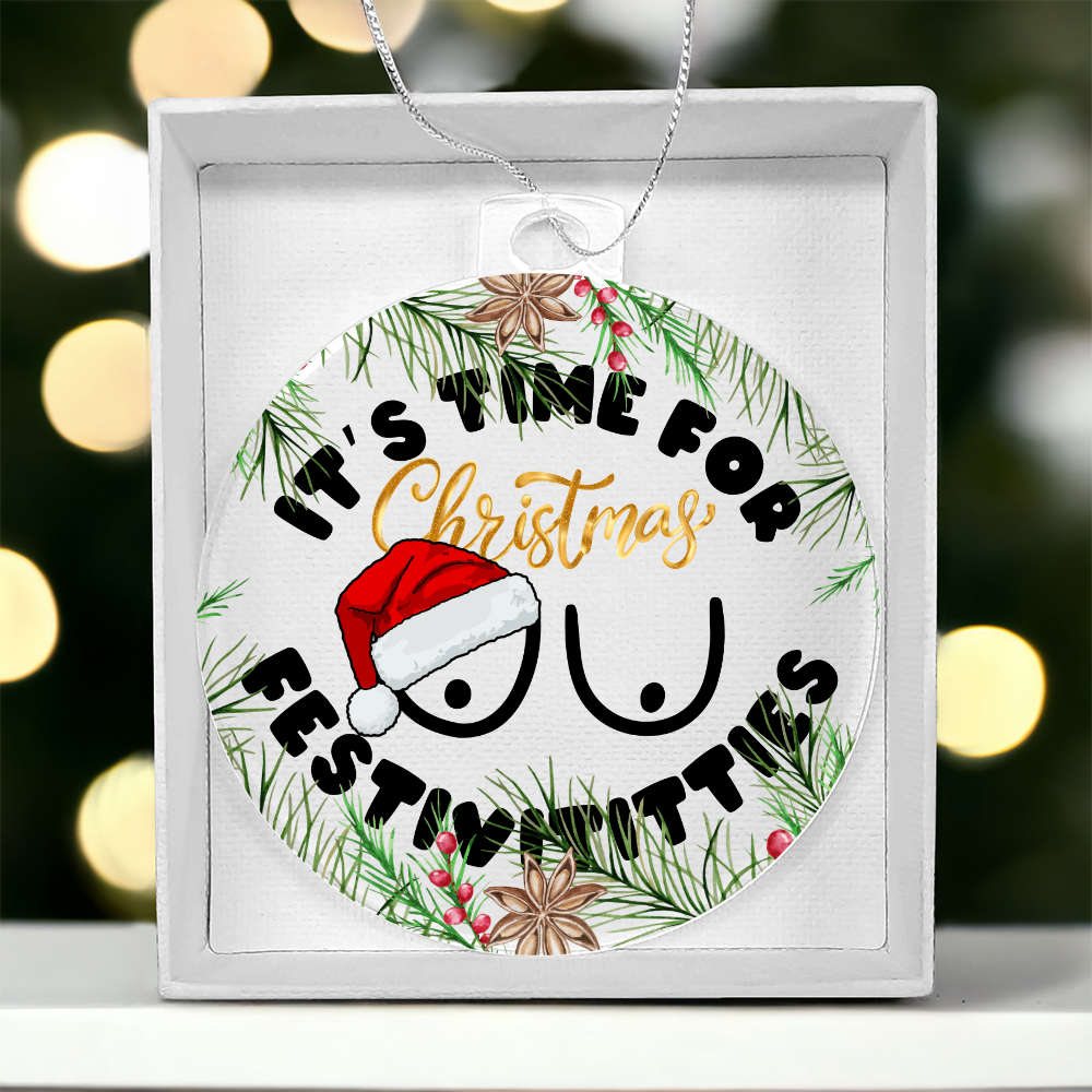 Adult-themed holiday acrylic ornament close-up