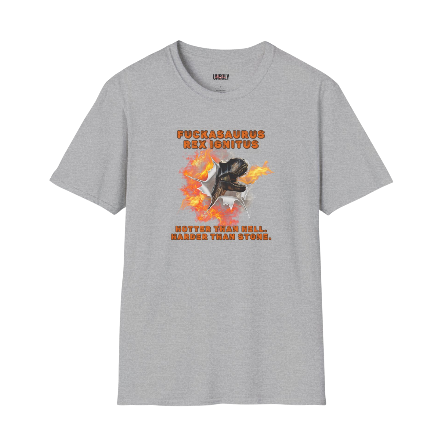 Raunchy NSFW Fuckasaurus Rex tee with flames