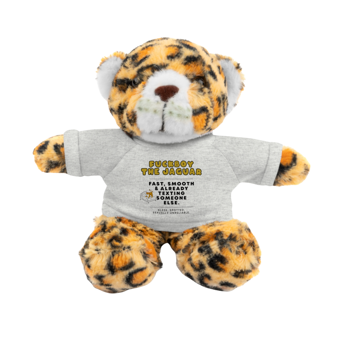 Fuckboy the Jaguar Plushie with Ash Shirt – NSFW stuffed animal gift with funny shirt and adult humor – 8 inch cuddly toy for inappropriate gift giving