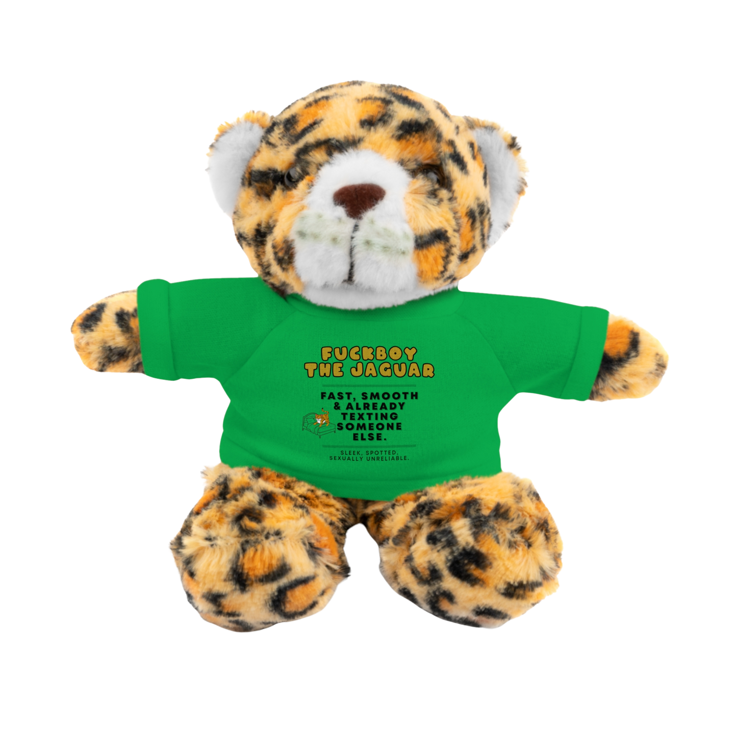 Fuckboy the Jaguar Plushie with Green Shirt – NSFW stuffed animal gift with funny shirt and adult humor – 8 inch cuddly toy for inappropriate gift giving