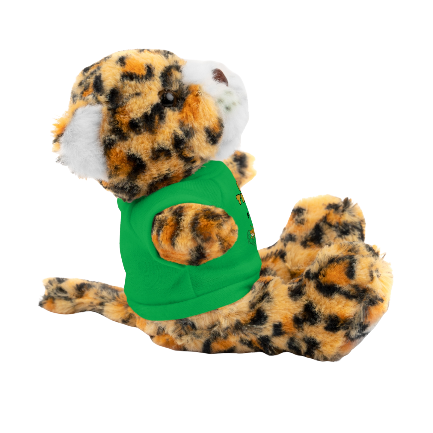 Fuckboy the Jaguar Plushie side view with Green Shirt – NSFW stuffed animal gift with funny shirt and adult humor – 8 inch cuddly toy for inappropriate gift giving