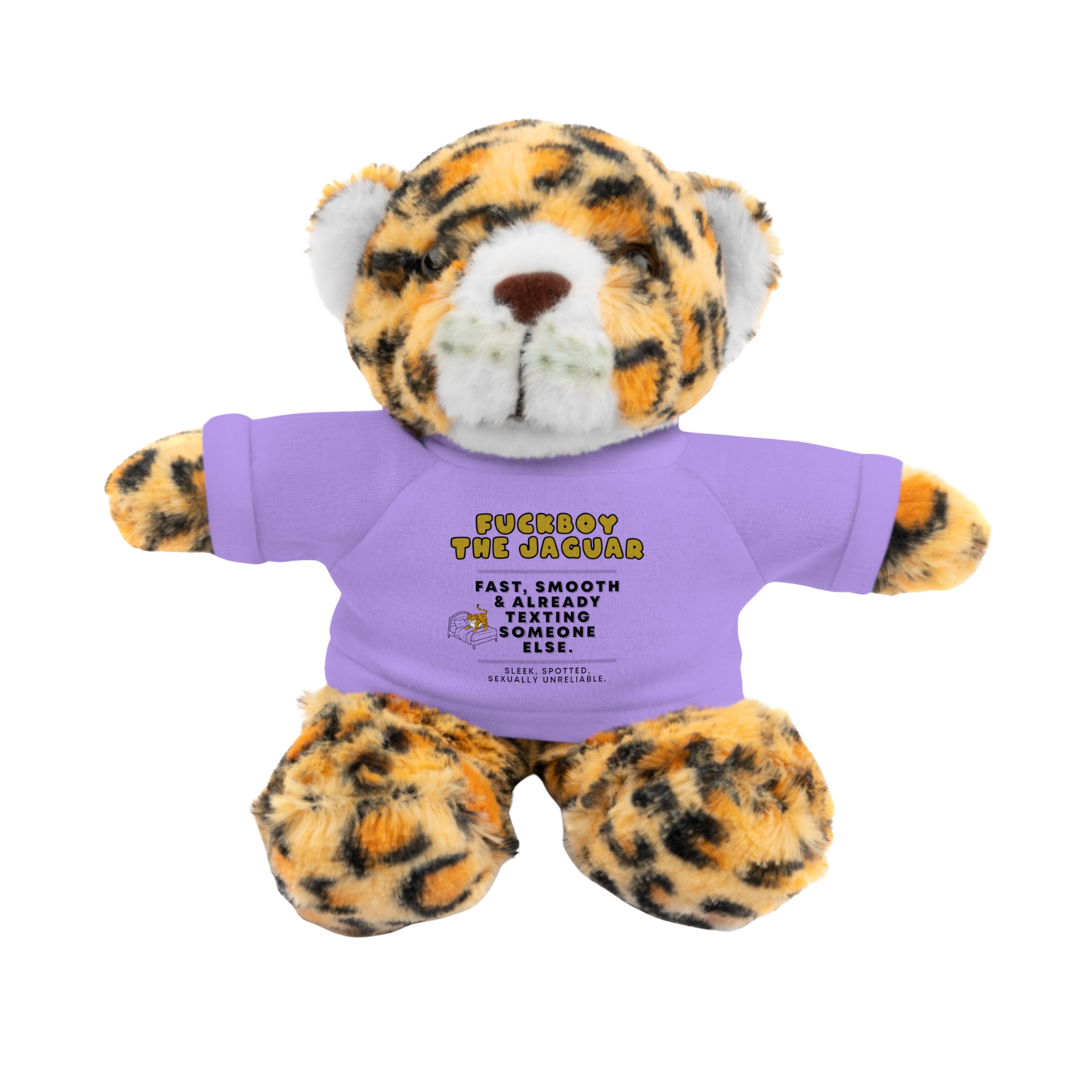 Fuckboy the Jaguar Plushie with Lavender Shirt – NSFW stuffed animal gift with funny shirt and adult humor – 8 inch cuddly toy for inappropriate gift giving