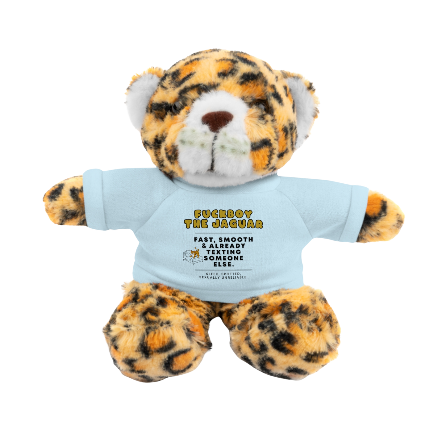 Fuckboy the Jaguar Plushie with Light Blue Shirt – NSFW stuffed animal gift with funny shirt and adult humor – 8 inch cuddly toy for inappropriate gift giving