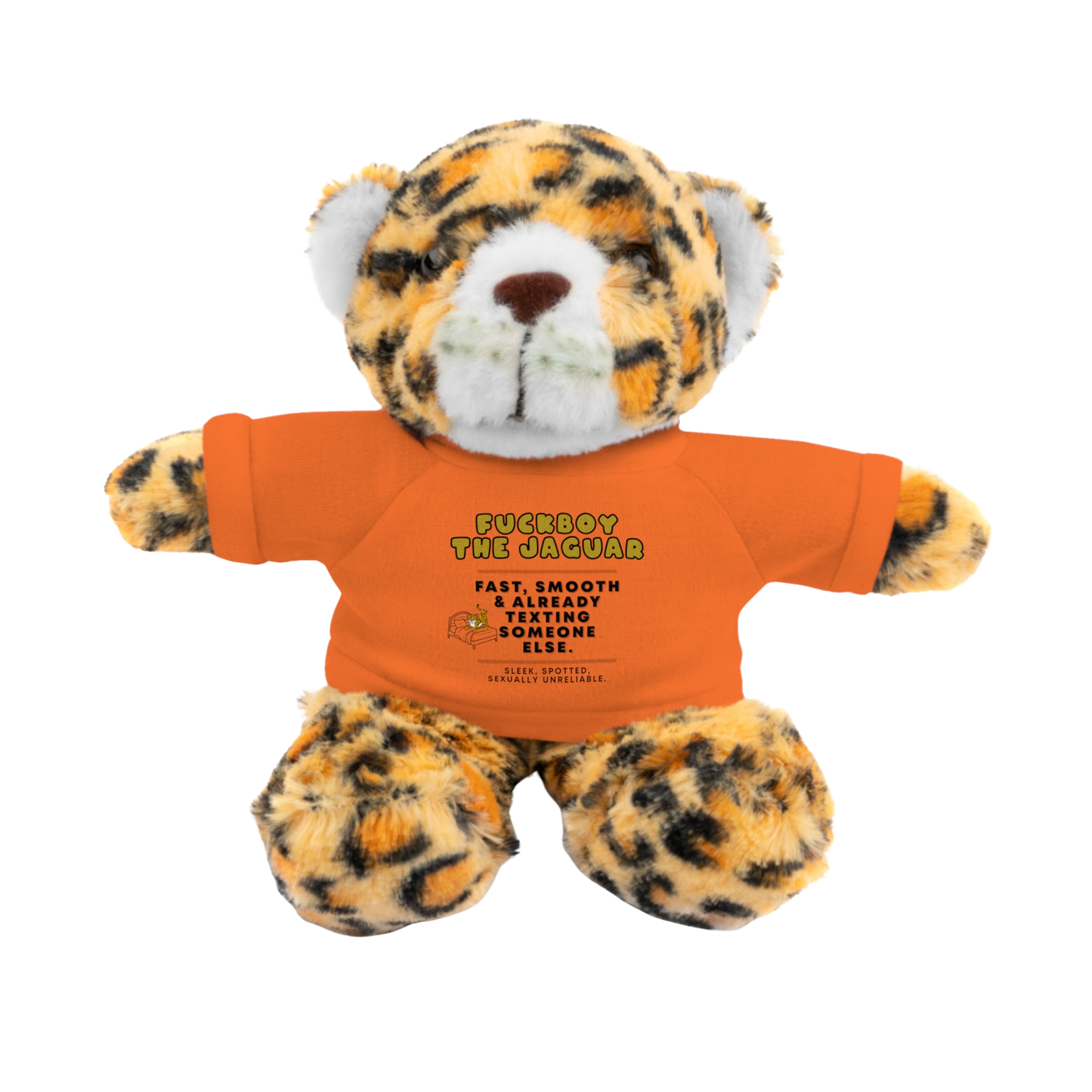 Fuckboy the Jaguar Plushie with Orange Shirt – NSFW stuffed animal gift with funny shirt and adult humor – 8 inch cuddly toy for inappropriate gift giving