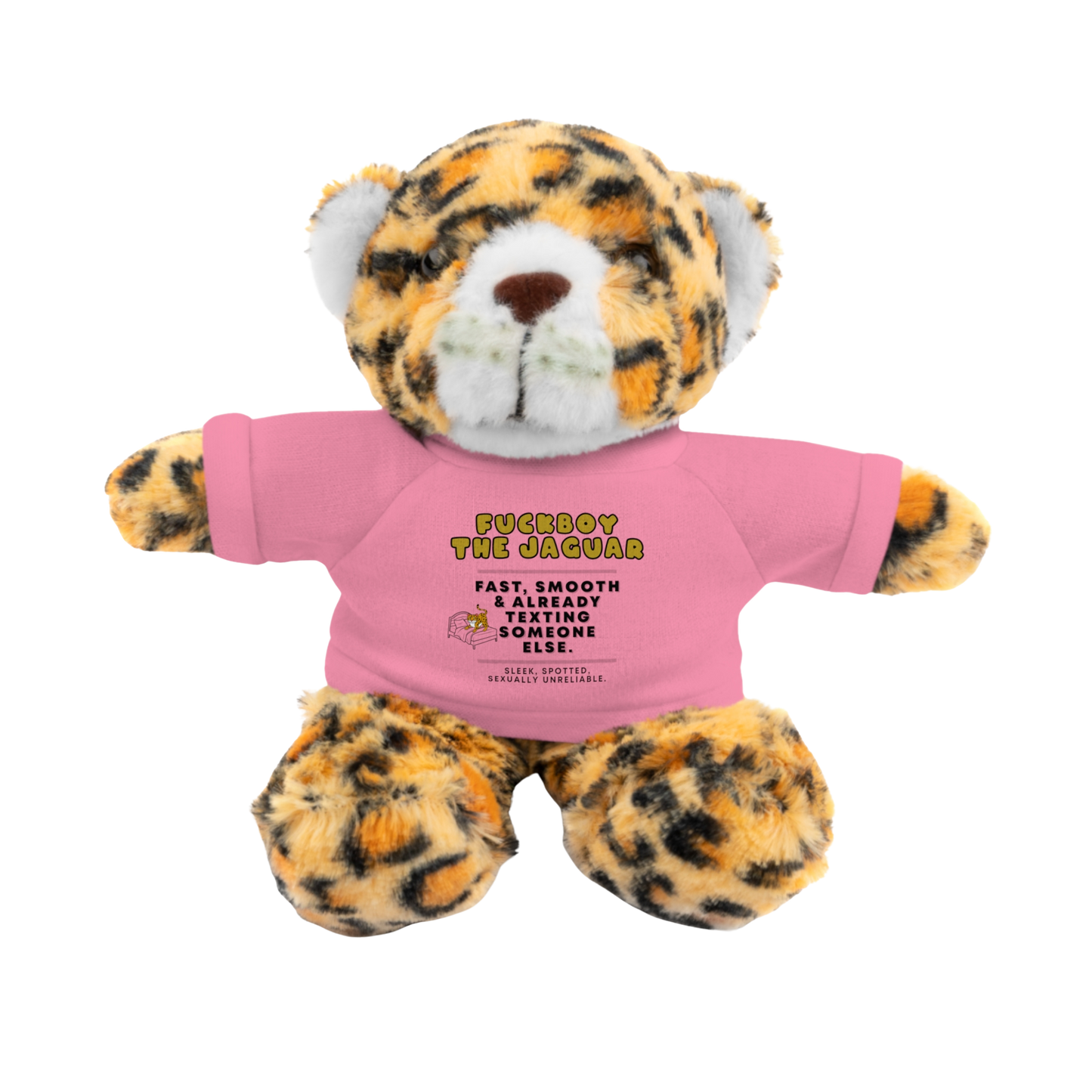 Fuckboy the Jaguar Plushie with Pink Shirt – NSFW stuffed animal gift with funny shirt and adult humor – 8 inch cuddly toy for inappropriate gift giving