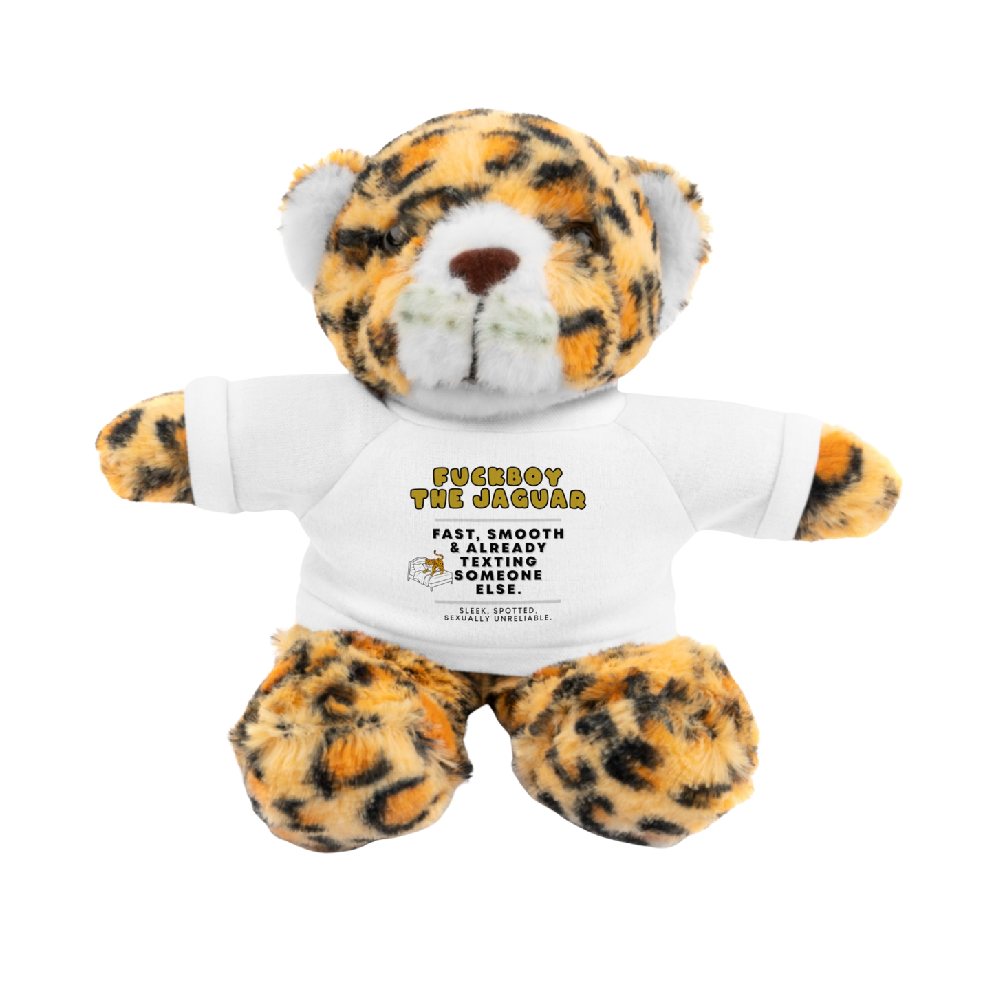 Fuckboy the Jaguar Plushie with White Shirt – NSFW stuffed animal gift with funny shirt and adult humor – 8 inch cuddly toy for inappropriate gift giving