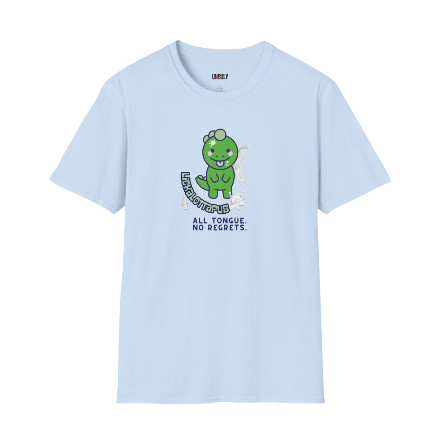 Rude novelty t-shirt – All Tongue No Regrets slogan on dinosaur