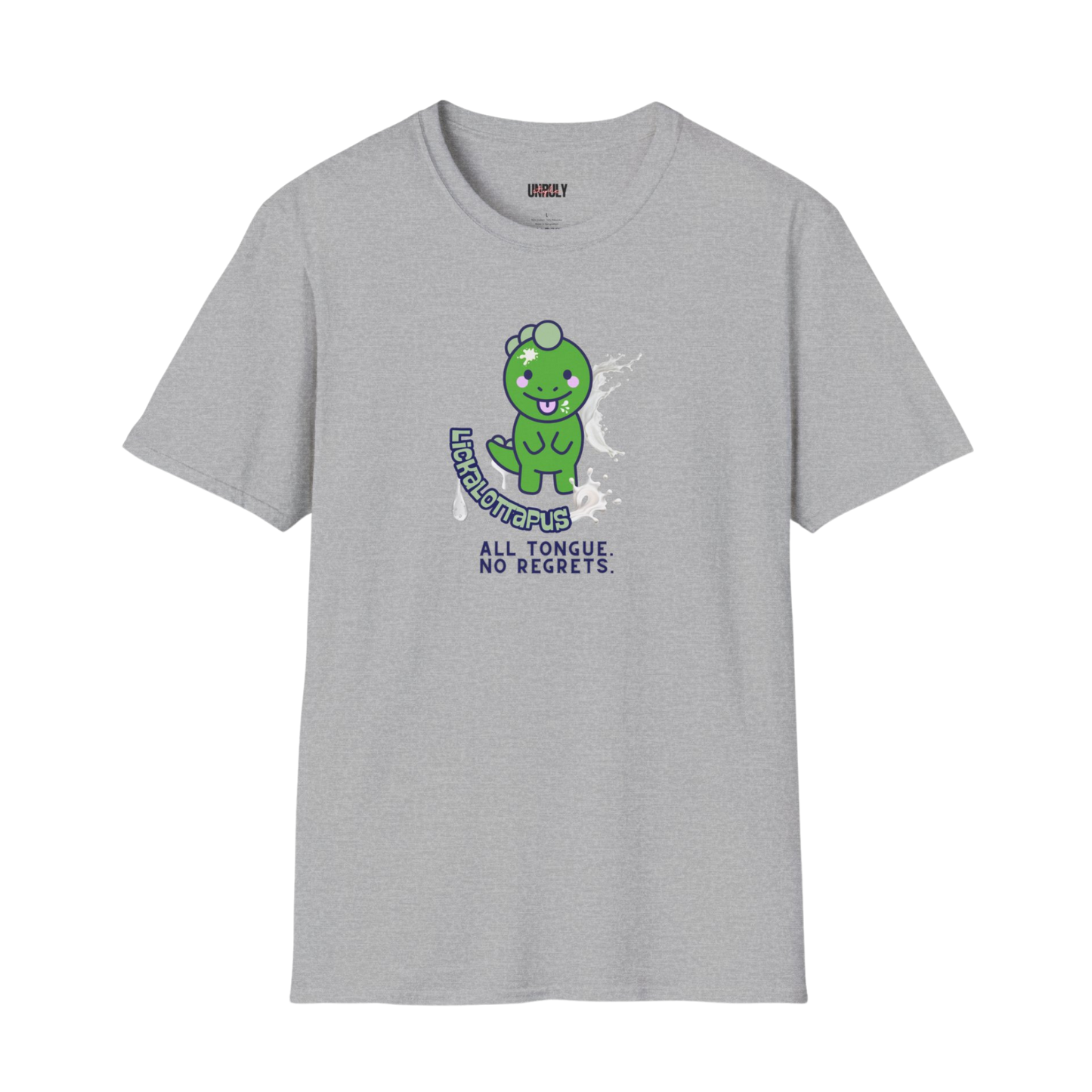 Offensive adult humor shirt featuring Lickolottapus cartoon dinosaur