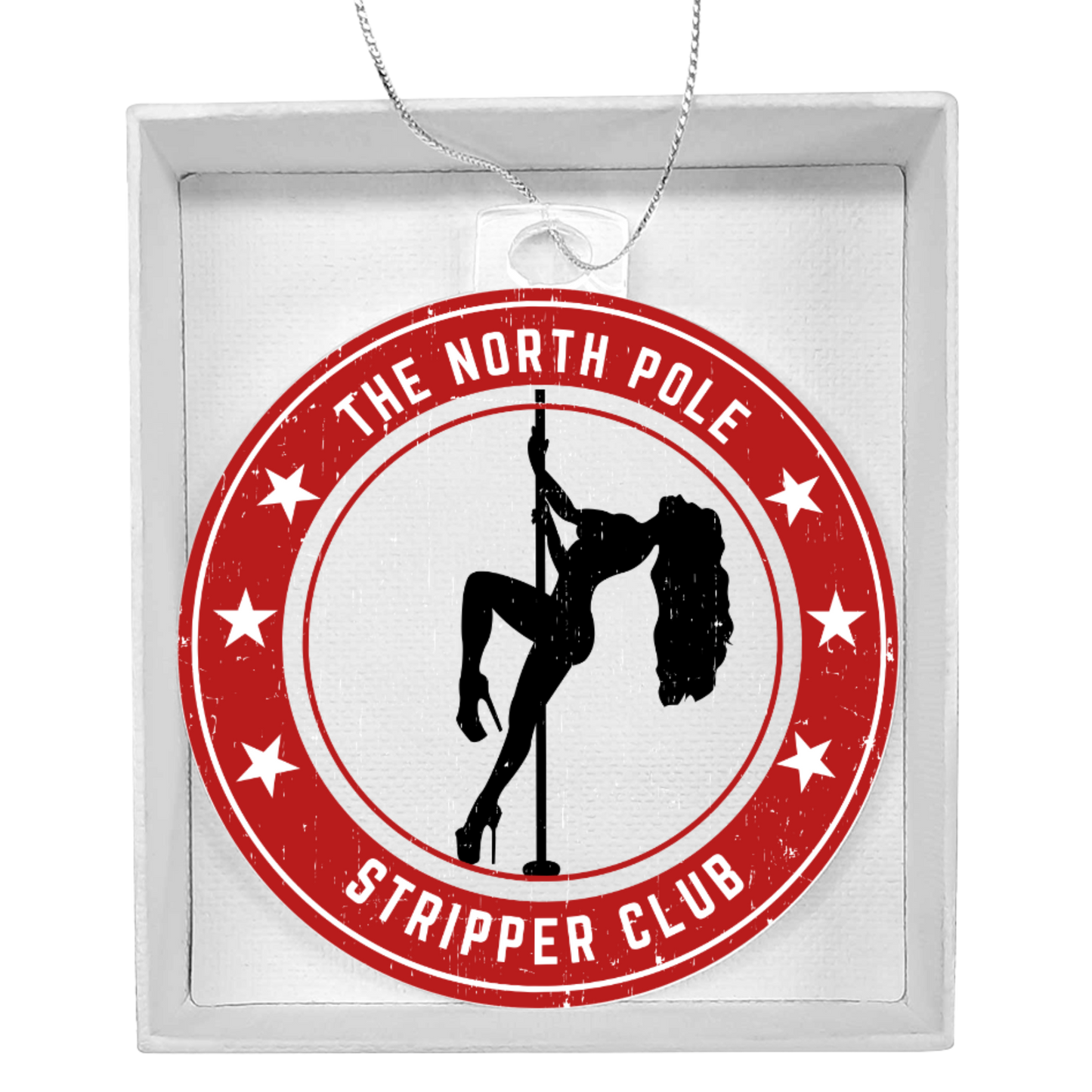Funny adult holiday acrylic ornament with exotic dancer pole design