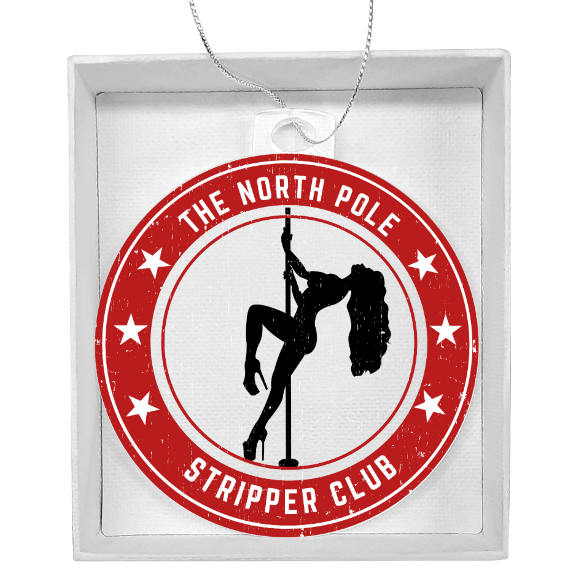Funny adult holiday acrylic ornament with exotic dancer pole design