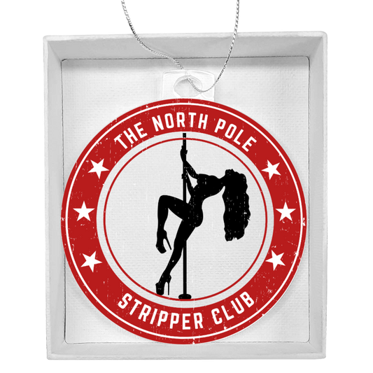 Funny adult holiday acrylic ornament with exotic dancer pole design