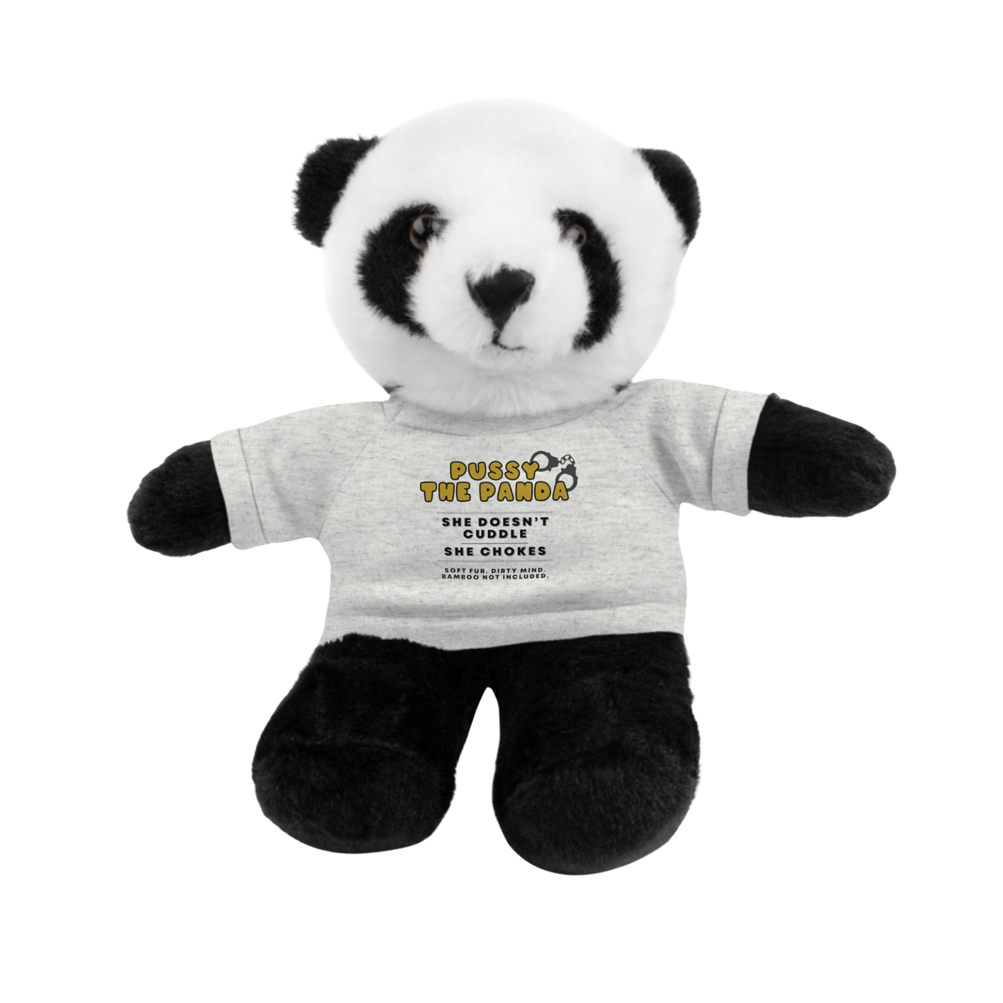 Adult plushie panda bear wearing an ash colored shirt with dirty quote