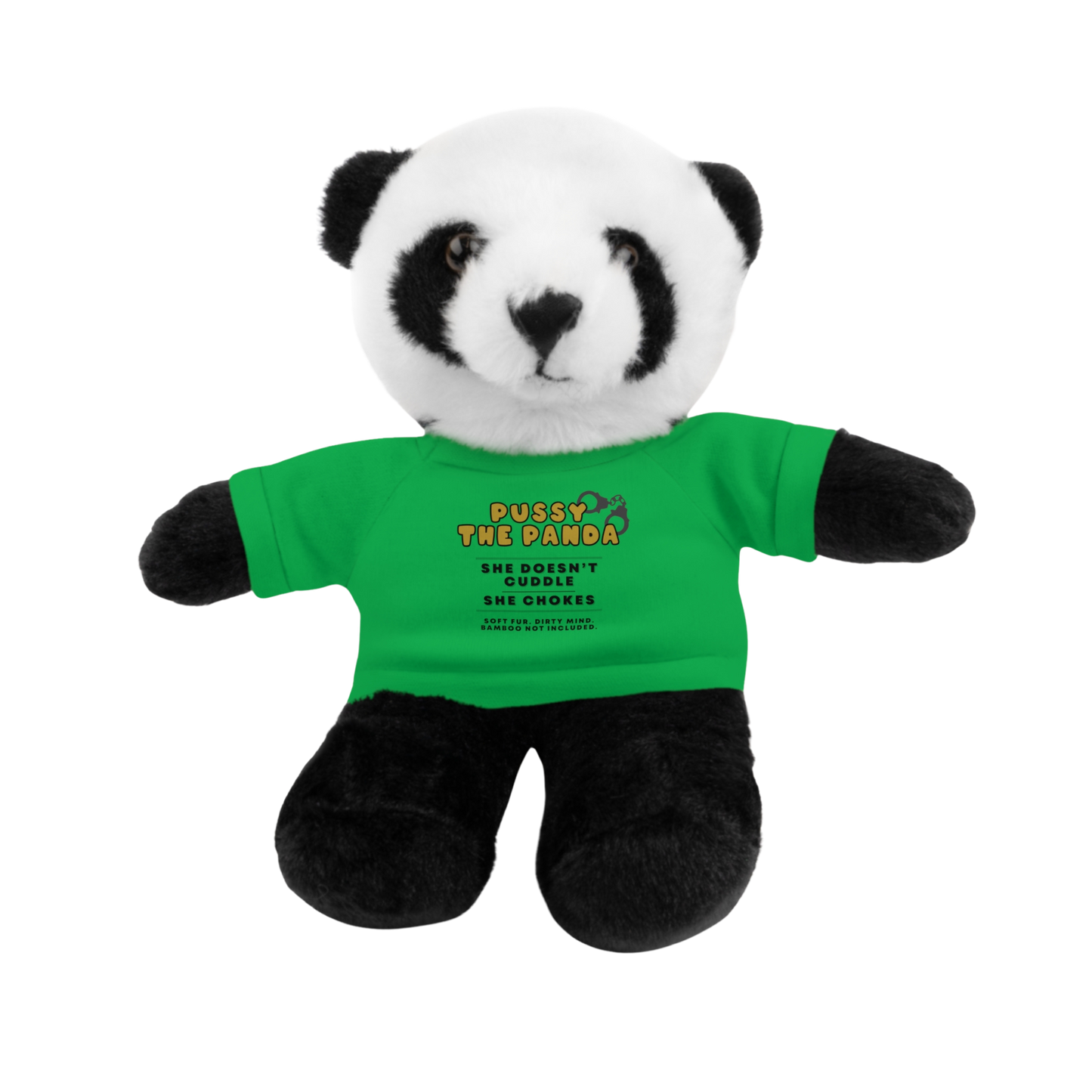 Adult plushie panda bear wearing a green shirt with dirty quote