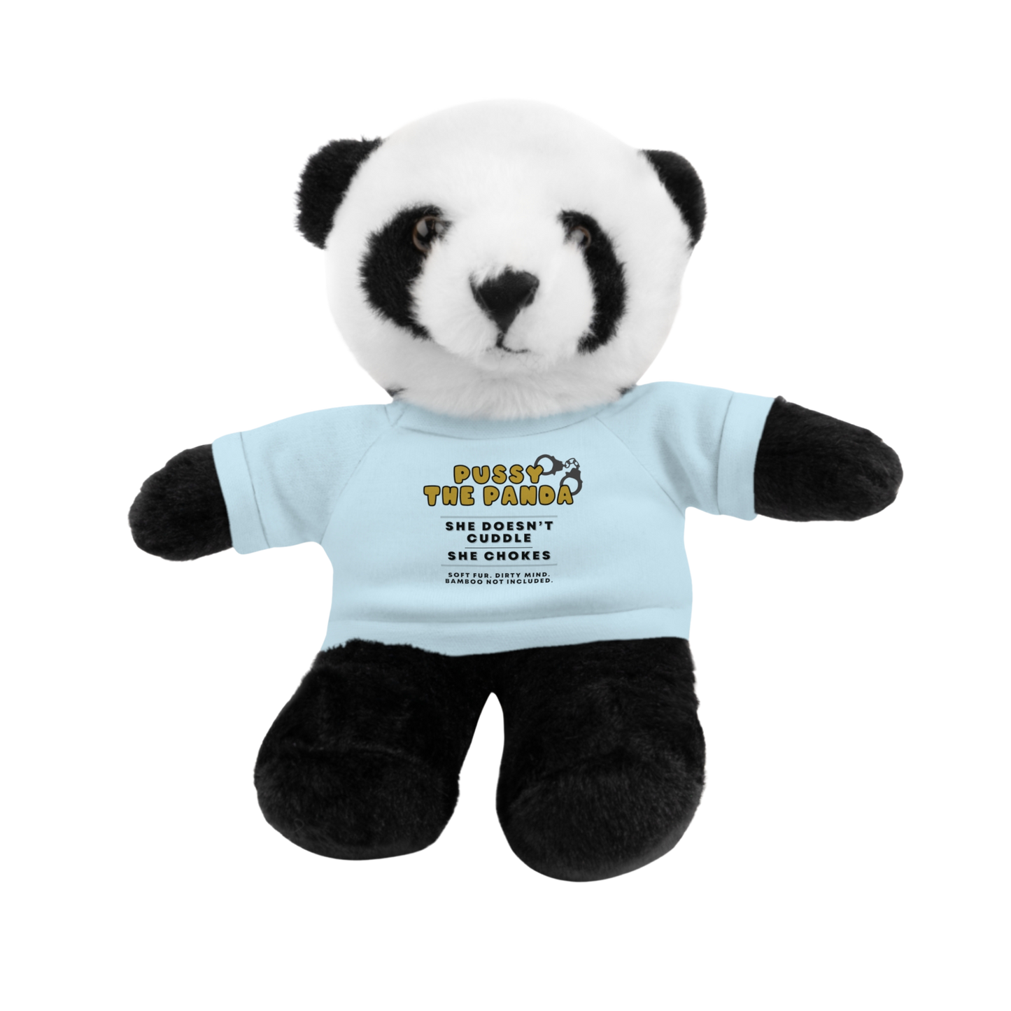 Adult plushie panda bear wearing a light blue shirt with dirty quote