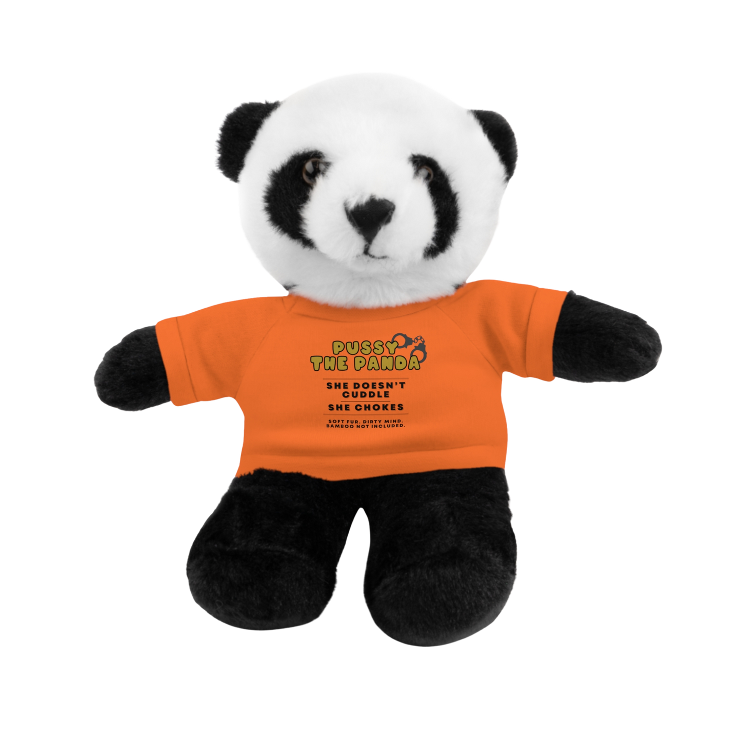 Adult plushie panda bear wearing an orange shirt with dirty quote