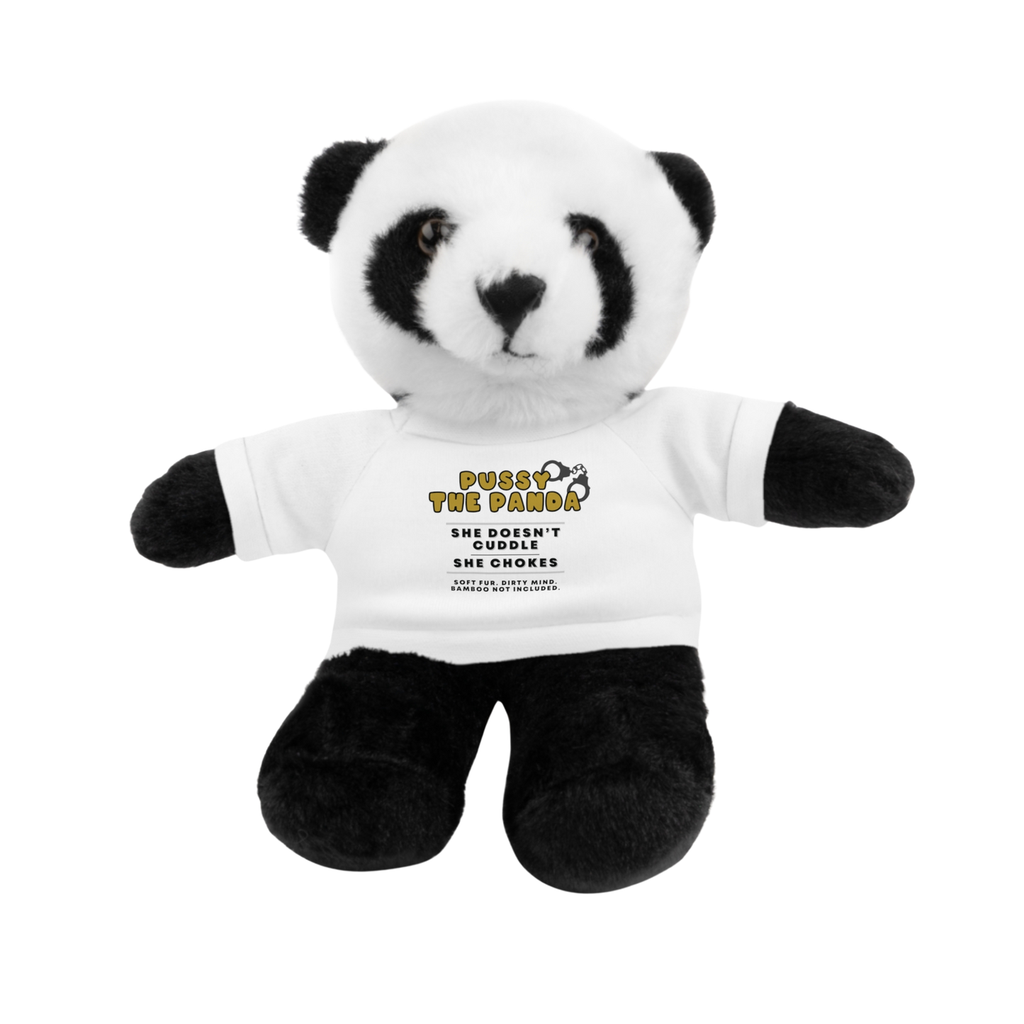 Adult plushie panda bear wearing a white shirt with dirty quote