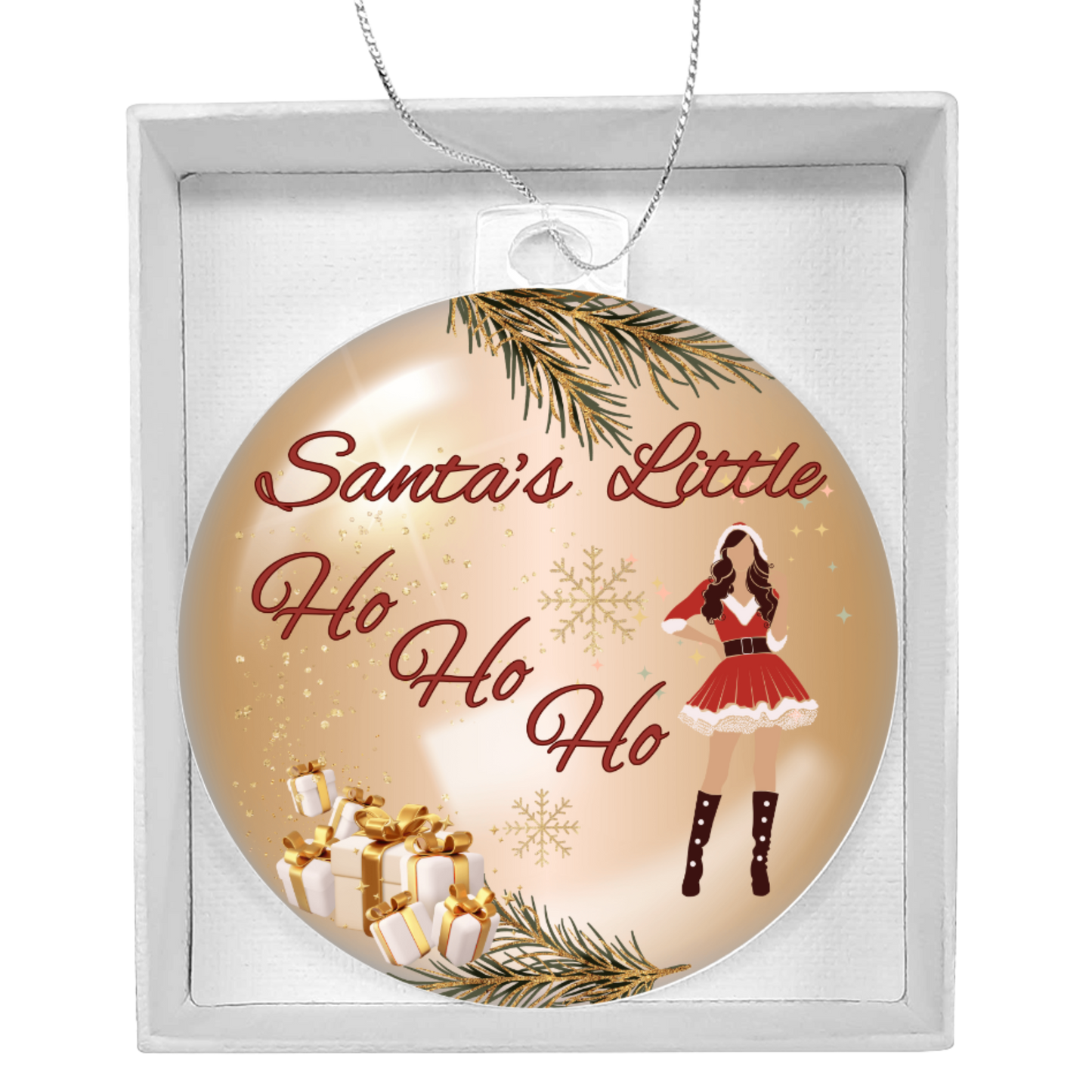 Naughty holiday acrylic ornament with “Santa’s Little Ho Ho Ho” text