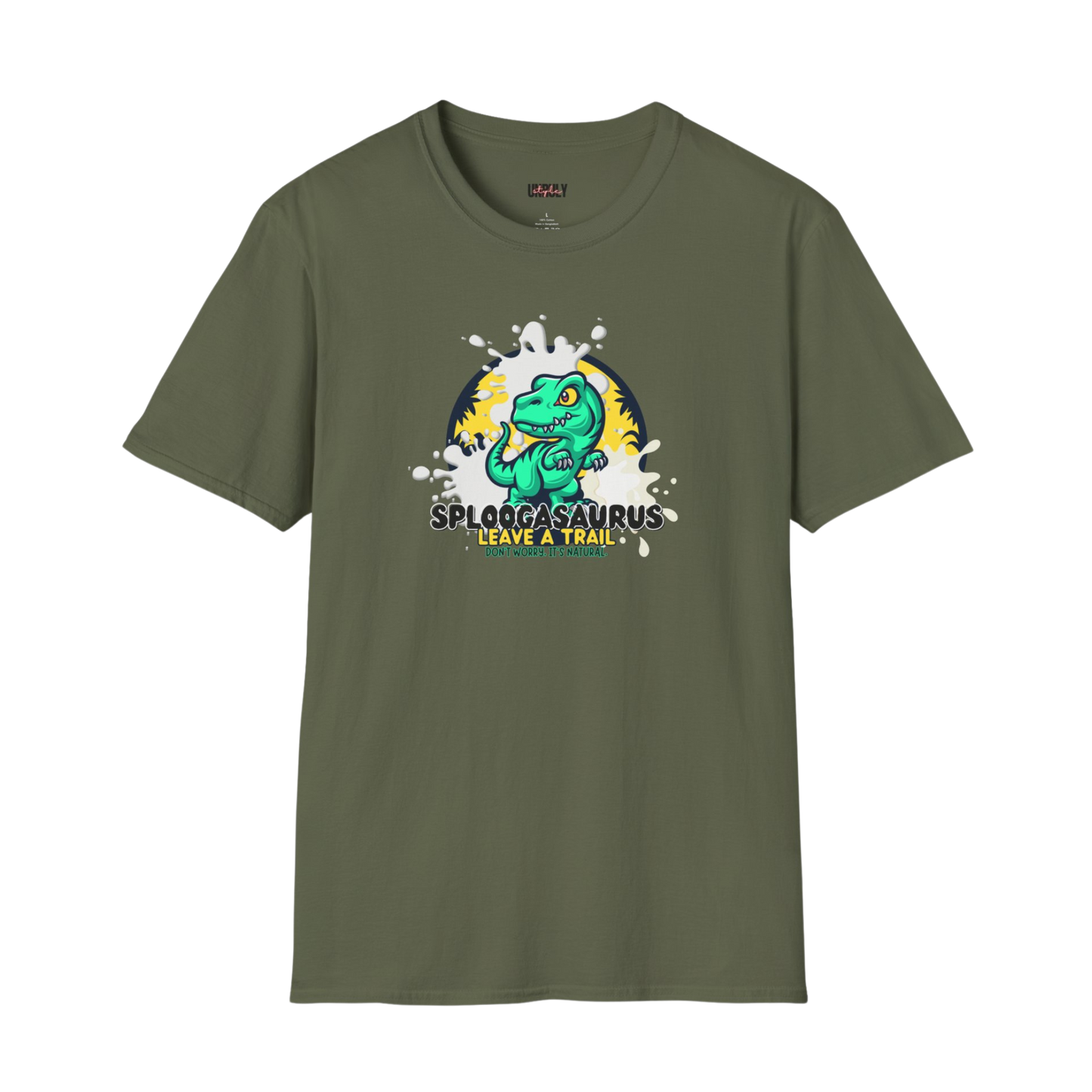 Dirty humor shirt featuring cartoon dinosaur with bodily fluids