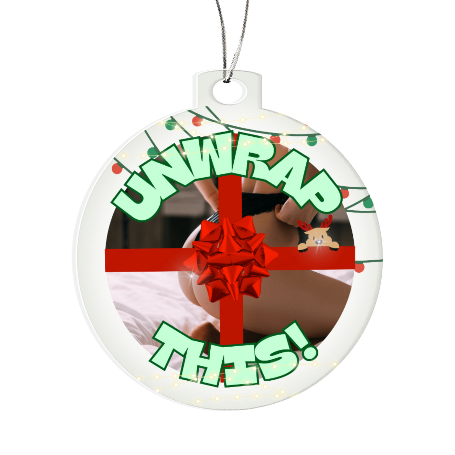 Funny NSFW Christmas ornament featuring butt wrapped in ribbon