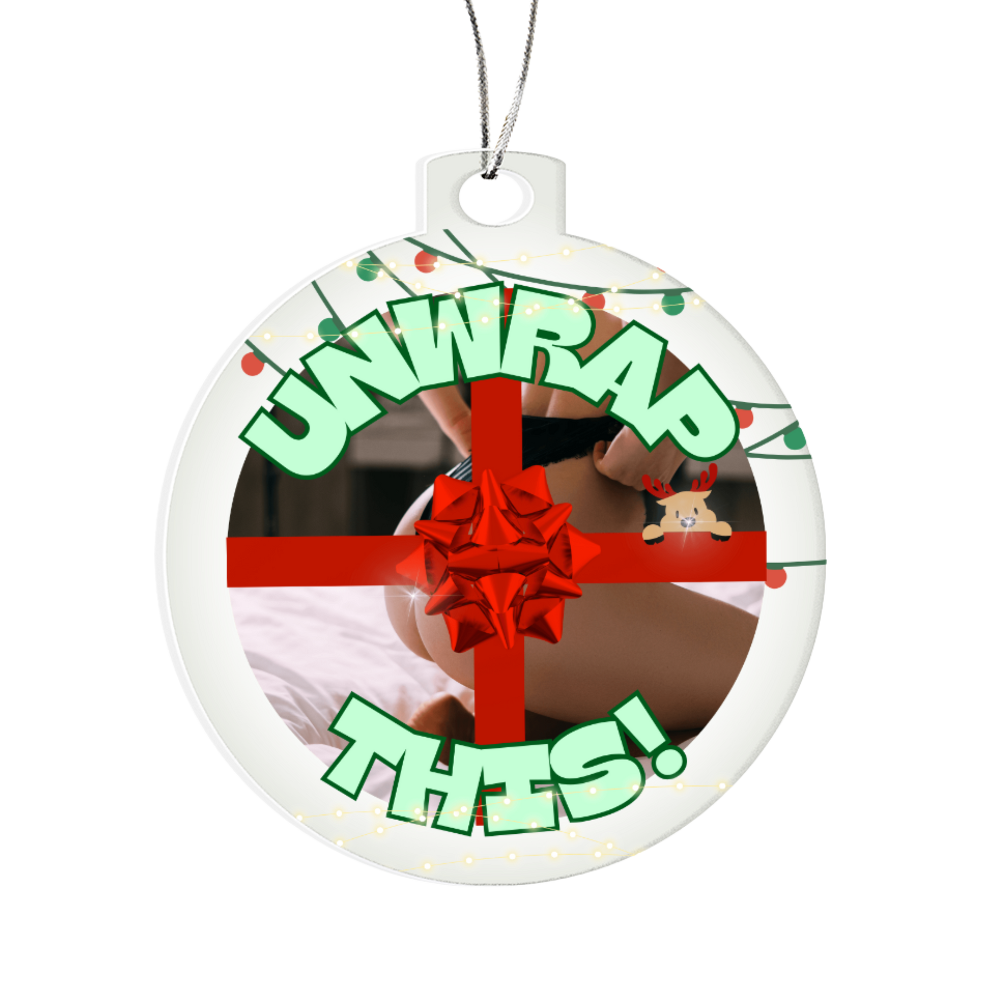 Funny NSFW Christmas ornament featuring butt wrapped in ribbon