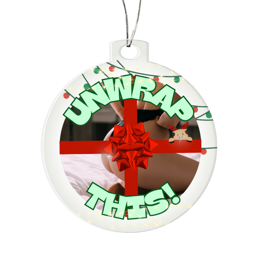 Funny NSFW Christmas ornament featuring butt wrapped in ribbon