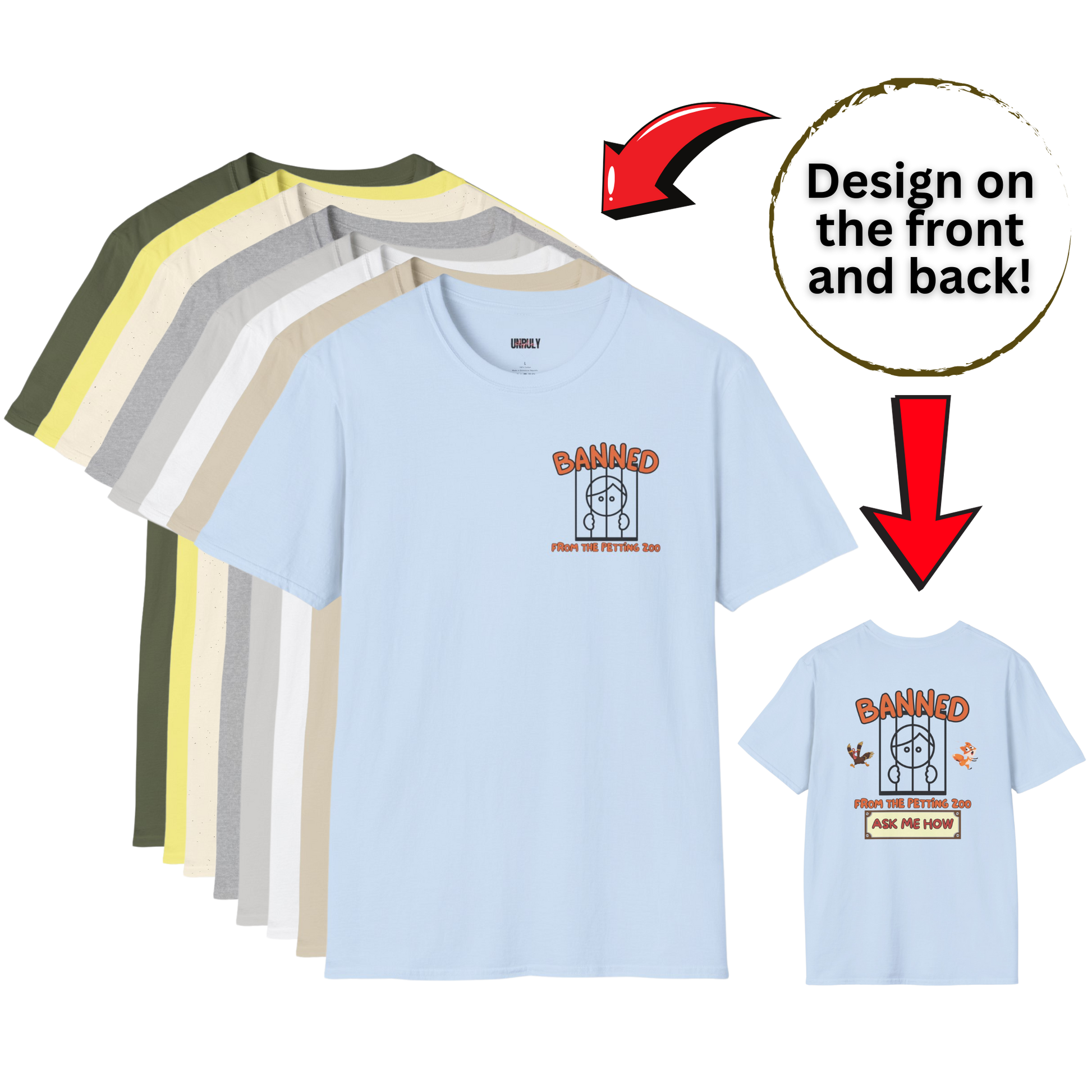 A graphic showing a variety of t-shirt colors and a close-up view of a white t-shirt with a graphic design, indicating the product being sold.