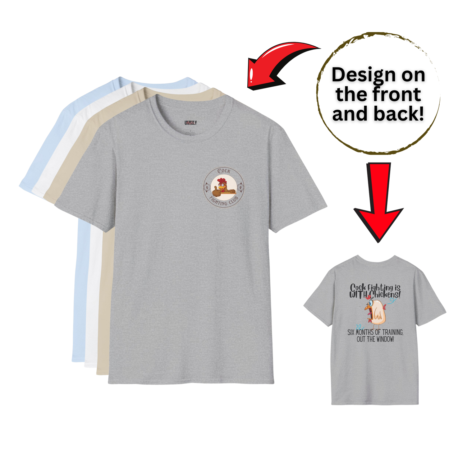 Gray t-shirt with a design on the front and back, surrounded by other t-shirts.