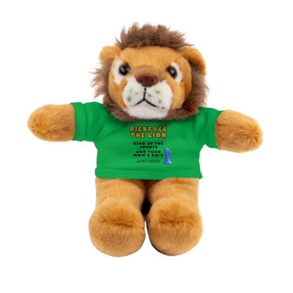 Soft stuffed lion wearing hilarious t-shirt