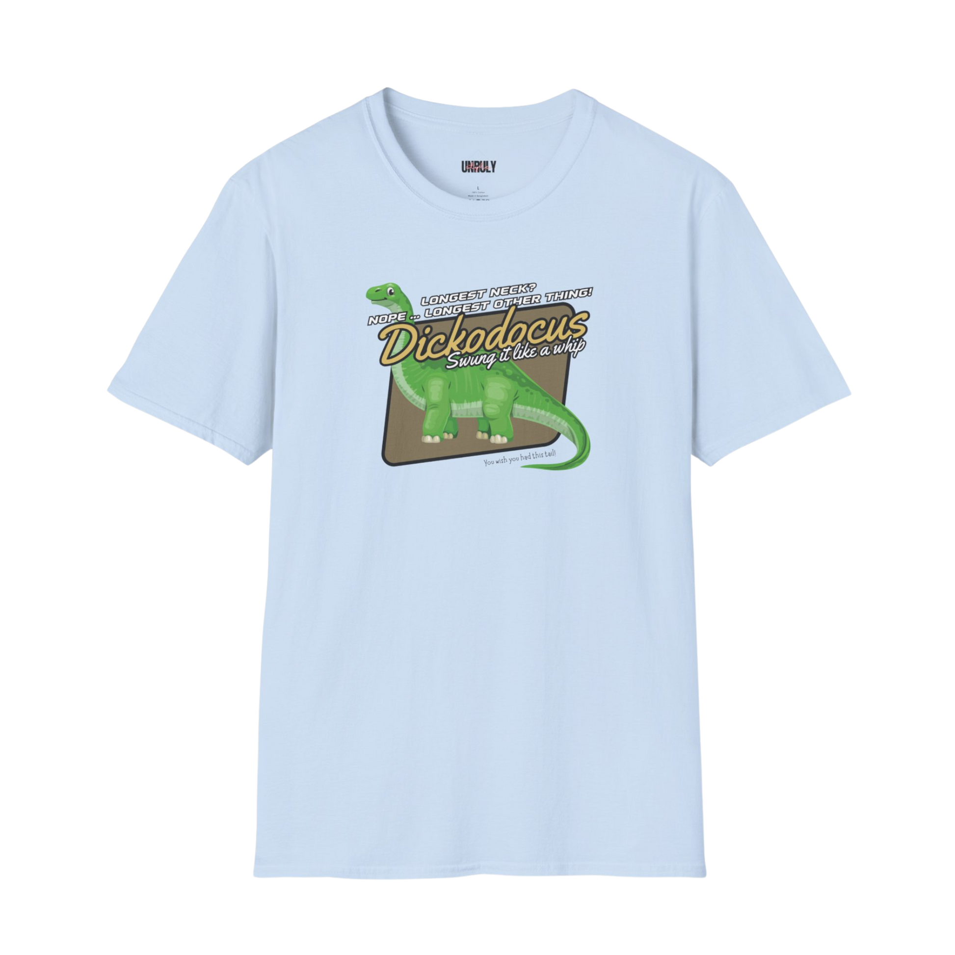 Dickodocus t-shirt in Light Blue funny naughty NSFW dinosaur graphic tee