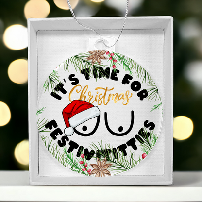 Adult-themed holiday acrylic ornament close-up