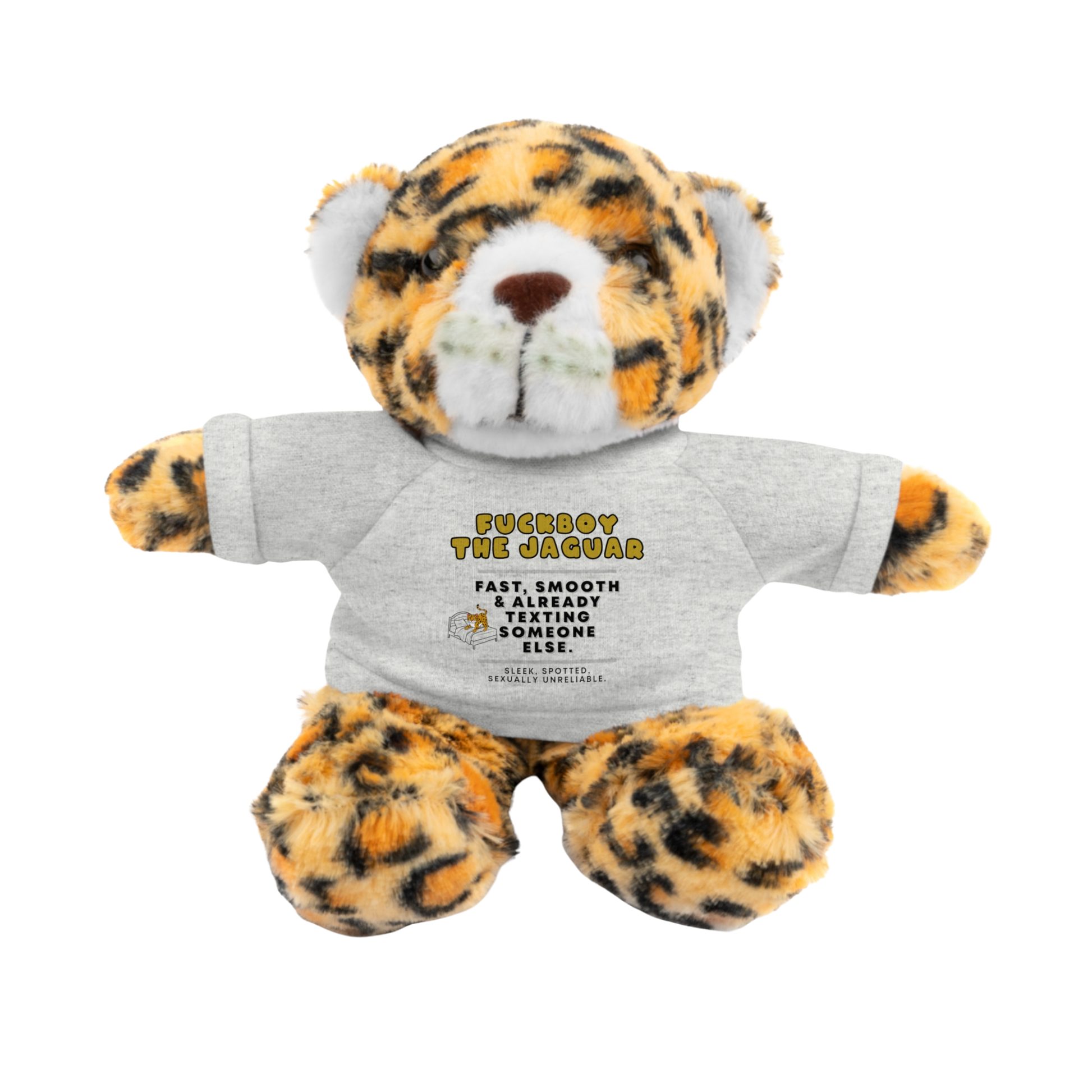 Fuckboy the Jaguar Plushie with Ash Shirt – NSFW stuffed animal gift with funny shirt and adult humor – 8 inch cuddly toy for inappropriate gift giving