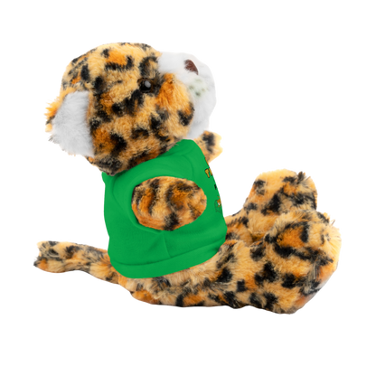 Fuckboy the Jaguar Plushie side view with Green Shirt – NSFW stuffed animal gift with funny shirt and adult humor – 8 inch cuddly toy for inappropriate gift giving