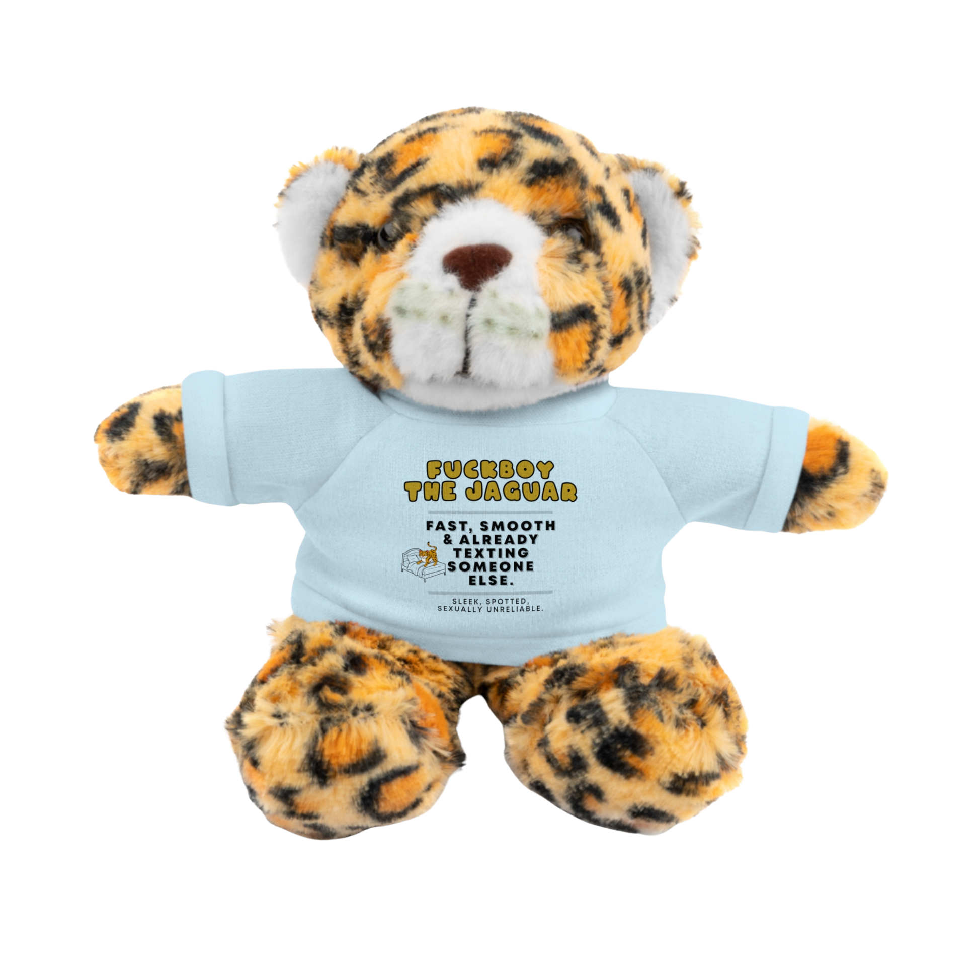 Fuckboy the Jaguar Plushie with Light Blue Shirt – NSFW stuffed animal gift with funny shirt and adult humor – 8 inch cuddly toy for inappropriate gift giving