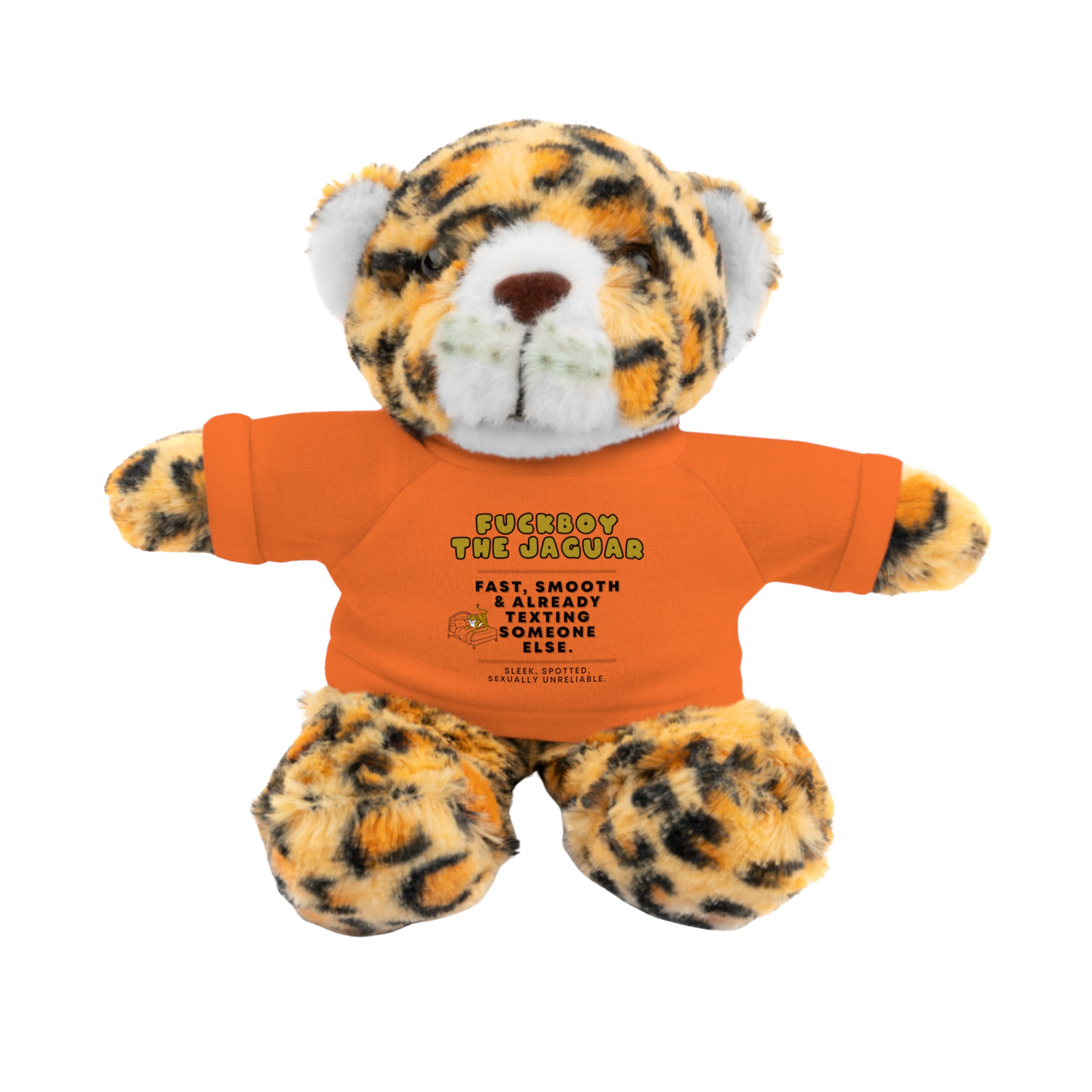 Fuckboy the Jaguar Plushie with Orange Shirt – NSFW stuffed animal gift with funny shirt and adult humor – 8 inch cuddly toy for inappropriate gift giving