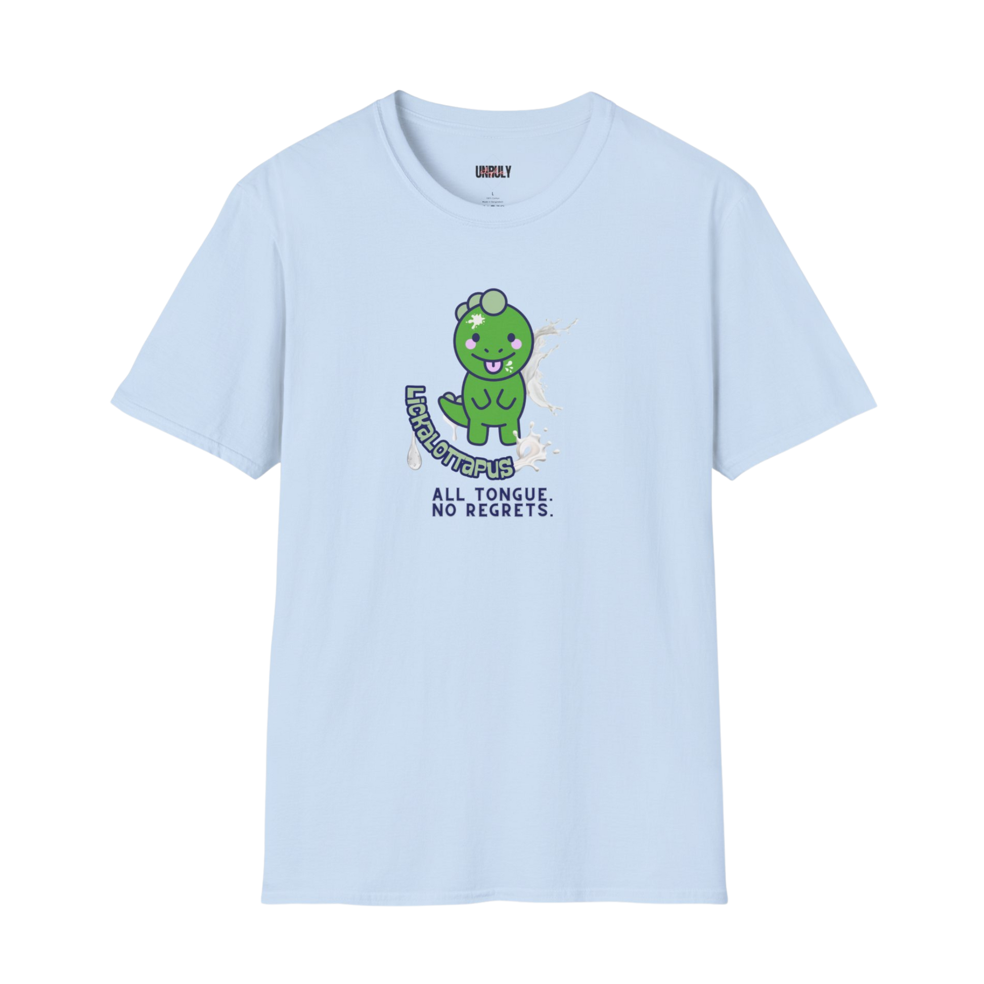 Rude novelty t-shirt – All Tongue No Regrets slogan on dinosaur