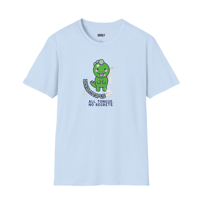 Rude novelty t-shirt – All Tongue No Regrets slogan on dinosaur