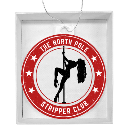 Funny adult holiday acrylic ornament with exotic dancer pole design