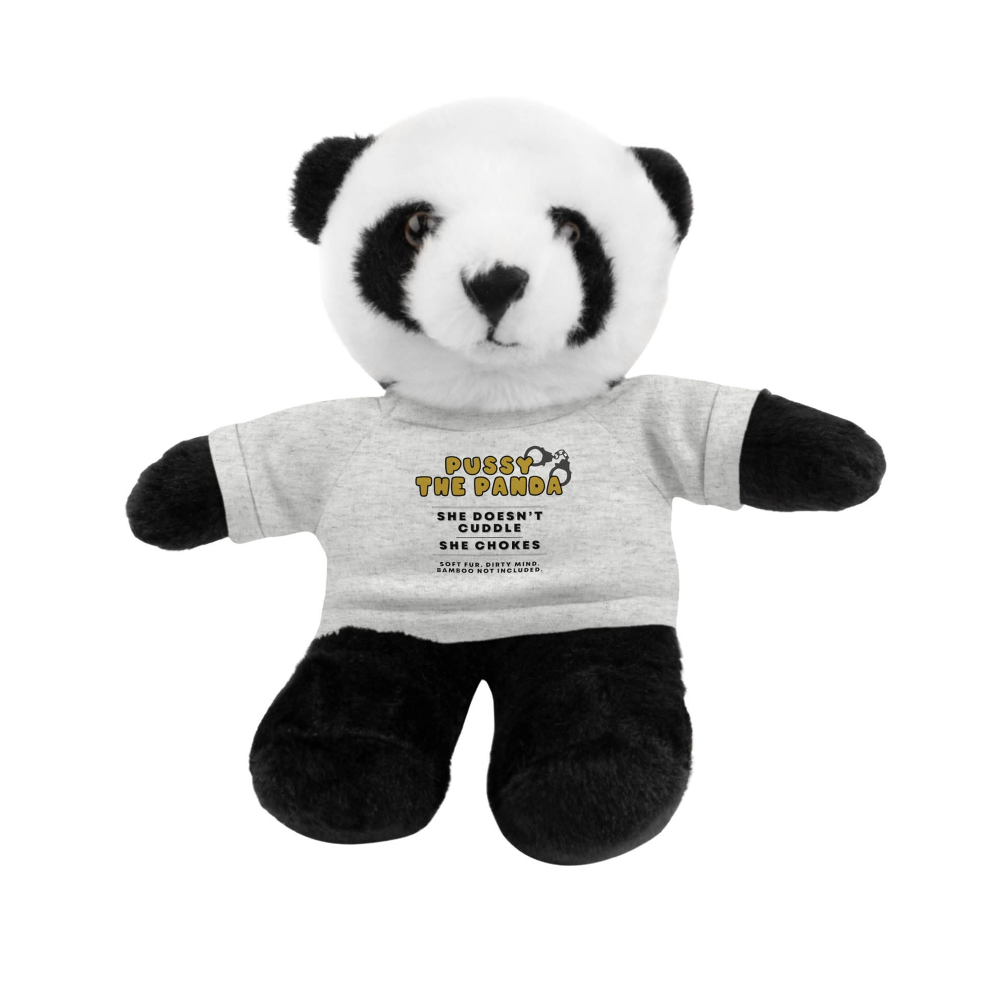 Adult plushie panda bear wearing an ash colored shirt with dirty quote