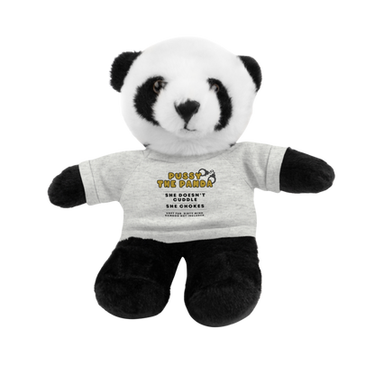 Adult plushie panda bear wearing an ash colored shirt with dirty quote