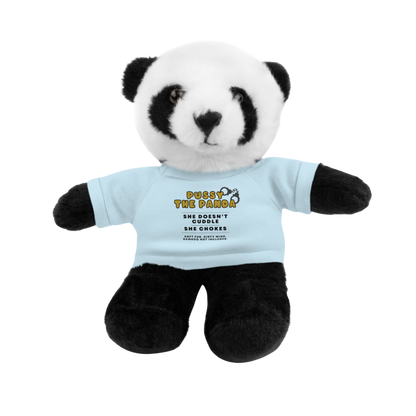 Adult plushie panda bear wearing a light blue shirt with dirty quote