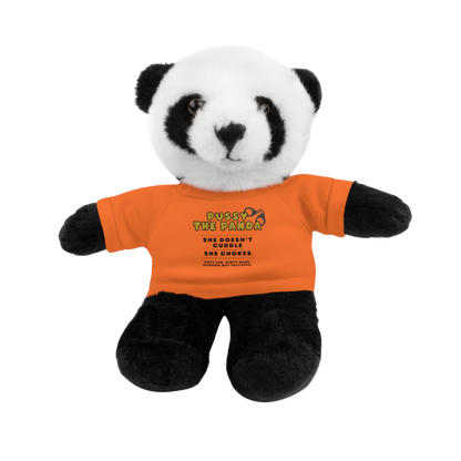Adult plushie panda bear wearing an orange shirt with dirty quote