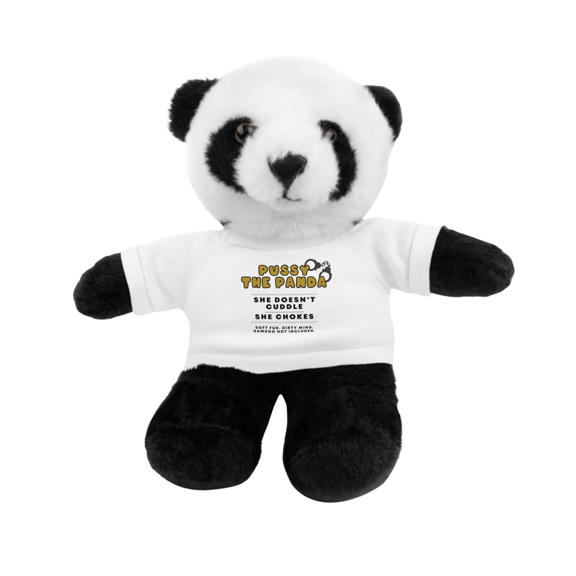 Adult plushie panda bear wearing a white shirt with dirty quote