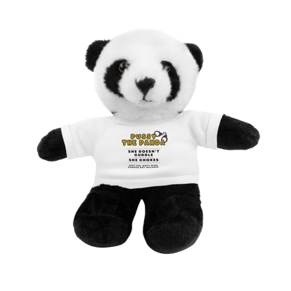 Adult plushie panda bear wearing a white shirt with dirty quote
