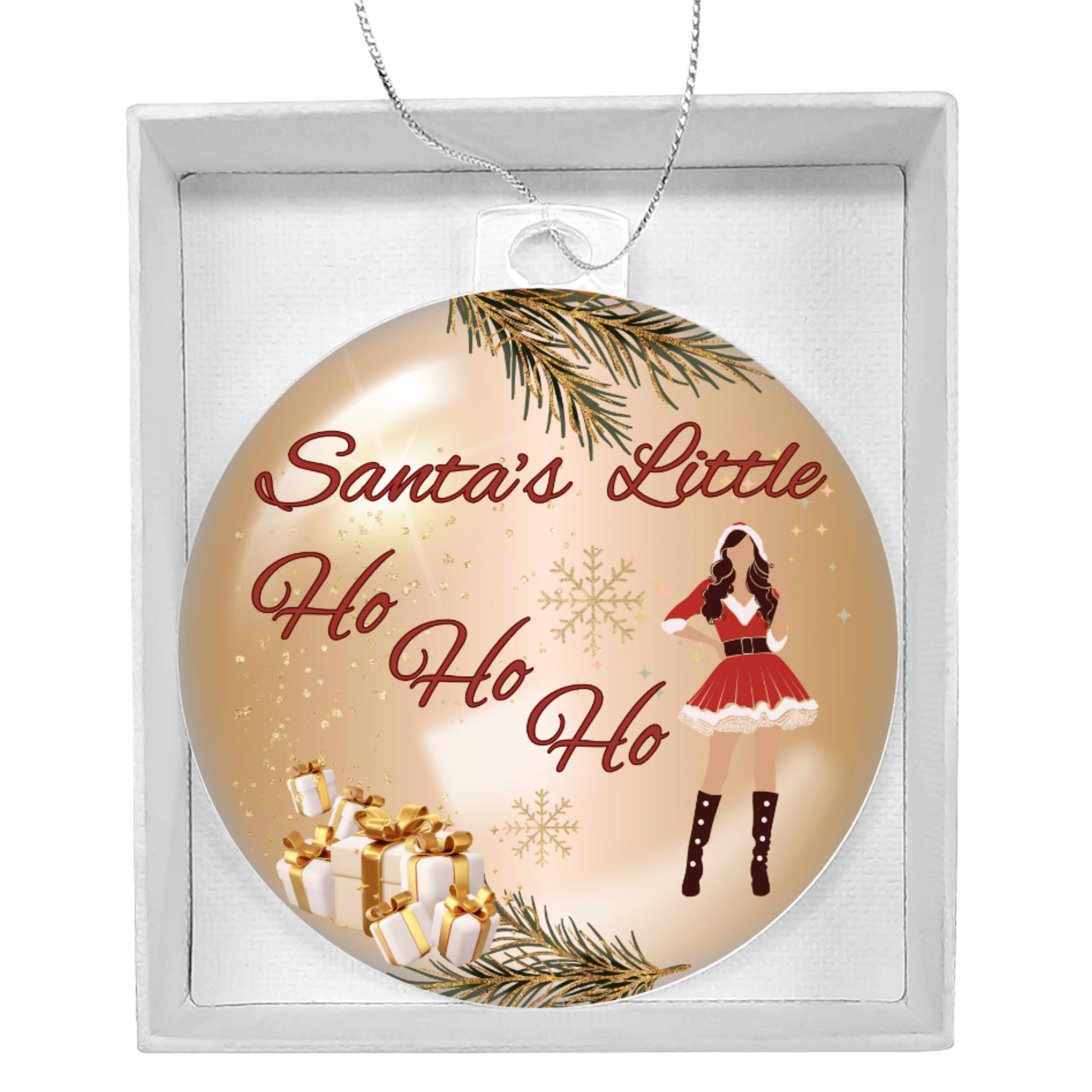 Naughty holiday acrylic ornament with “Santa’s Little Ho Ho Ho” text