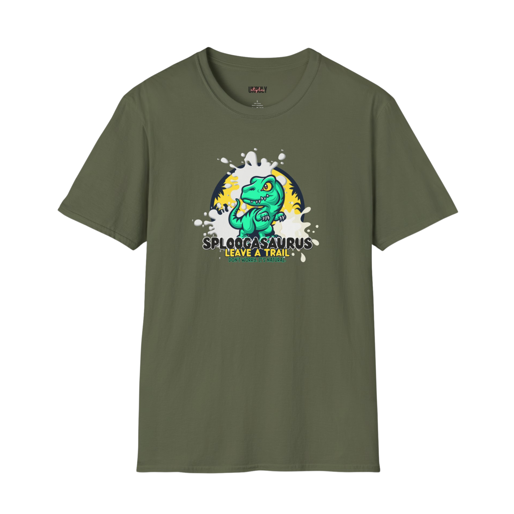Dirty humor shirt featuring cartoon dinosaur with bodily fluids