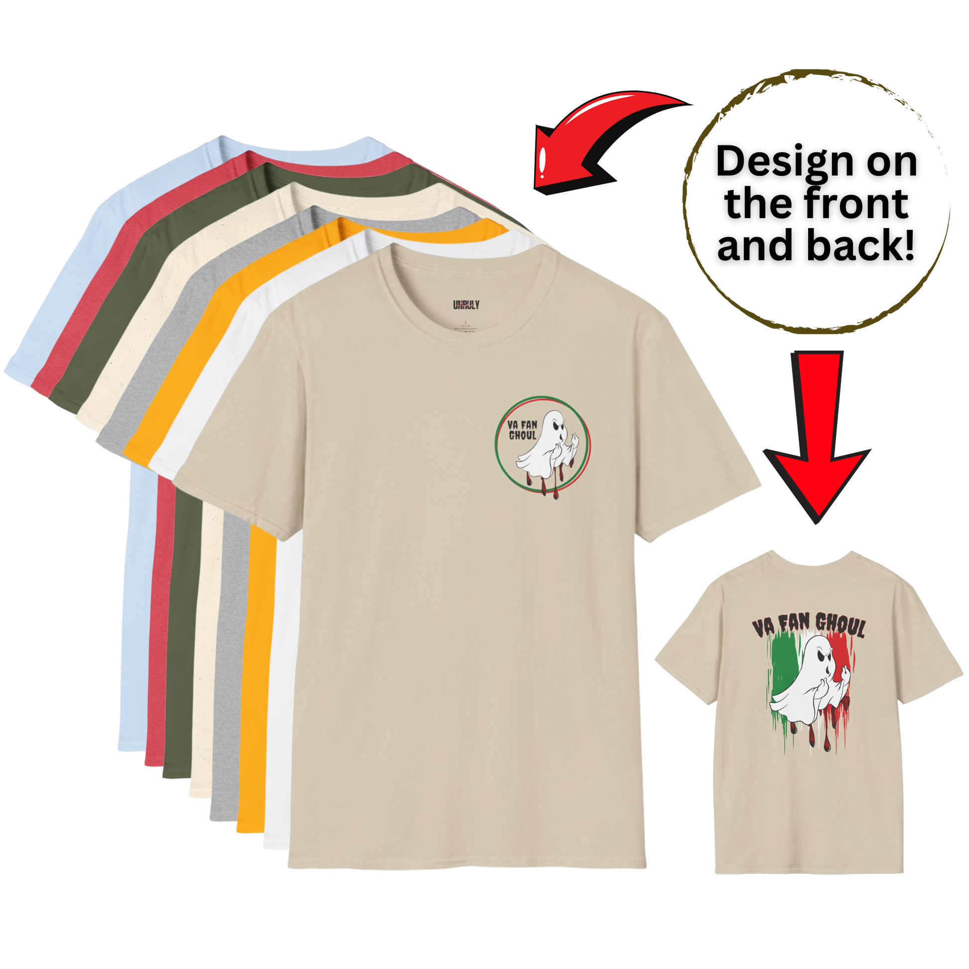 A graphic t-shirt in beige color with a text and ghost design, indicated for casual wear and suitable for autumnal themes.